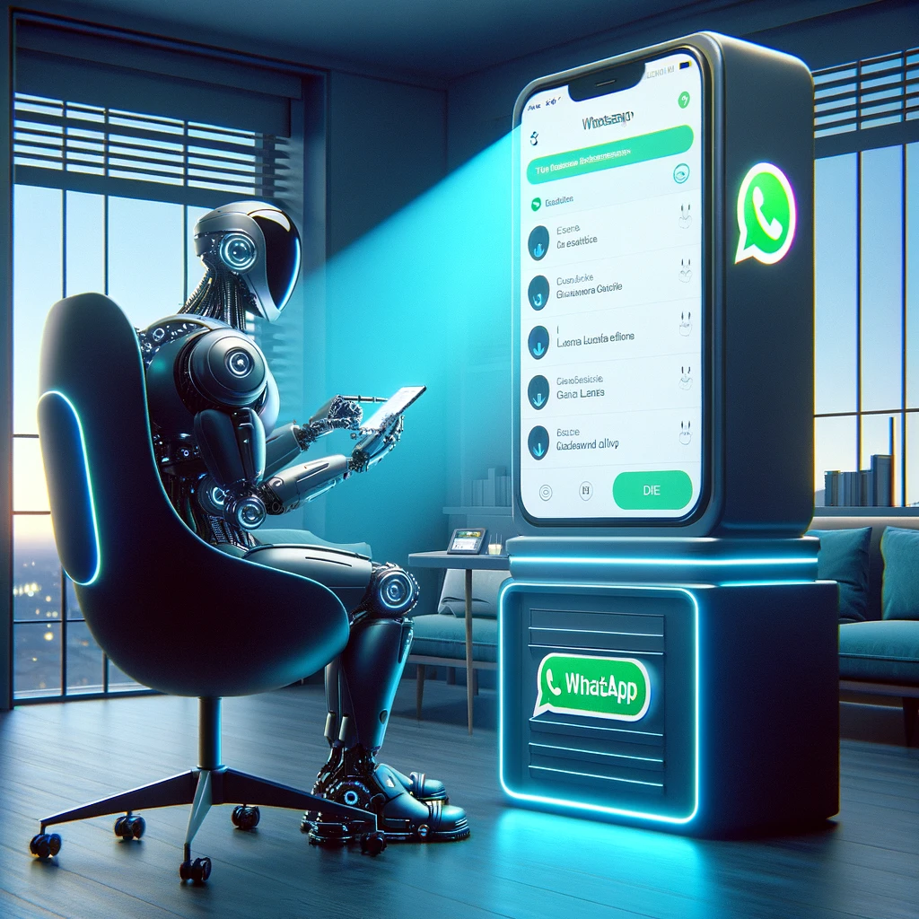 Atendimento automatizado por robô via WhatsApp para delivery de lanches. Ambiente de escritório high-tech com pôster de lanchonete
